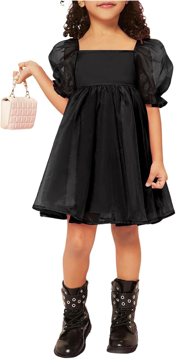 WDIRARA Toddler Girl's Mesh Tulle Dress Square Neck Puff Short Sleeve Ruffle Hem Birthday Party Cute A Line Midi Dress - Image 4