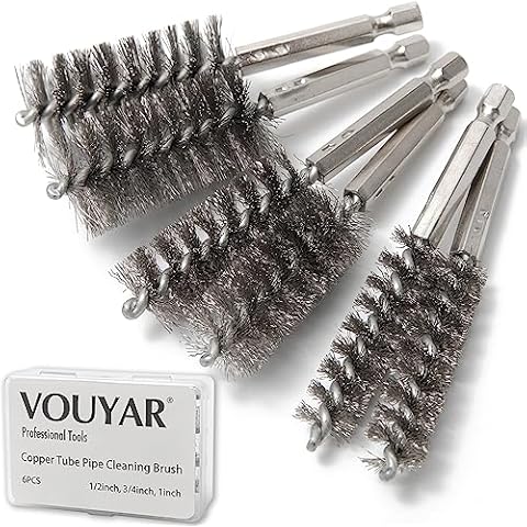 Vouyar 6pcs Copper Tube Pipe Cleaner, 1/2” 3/4” 1” Pipe Cleaning Brush Set, Stainless Steel Wire Bore Brushes for Power Drill, 1/4 Inch Hex Shank Cover