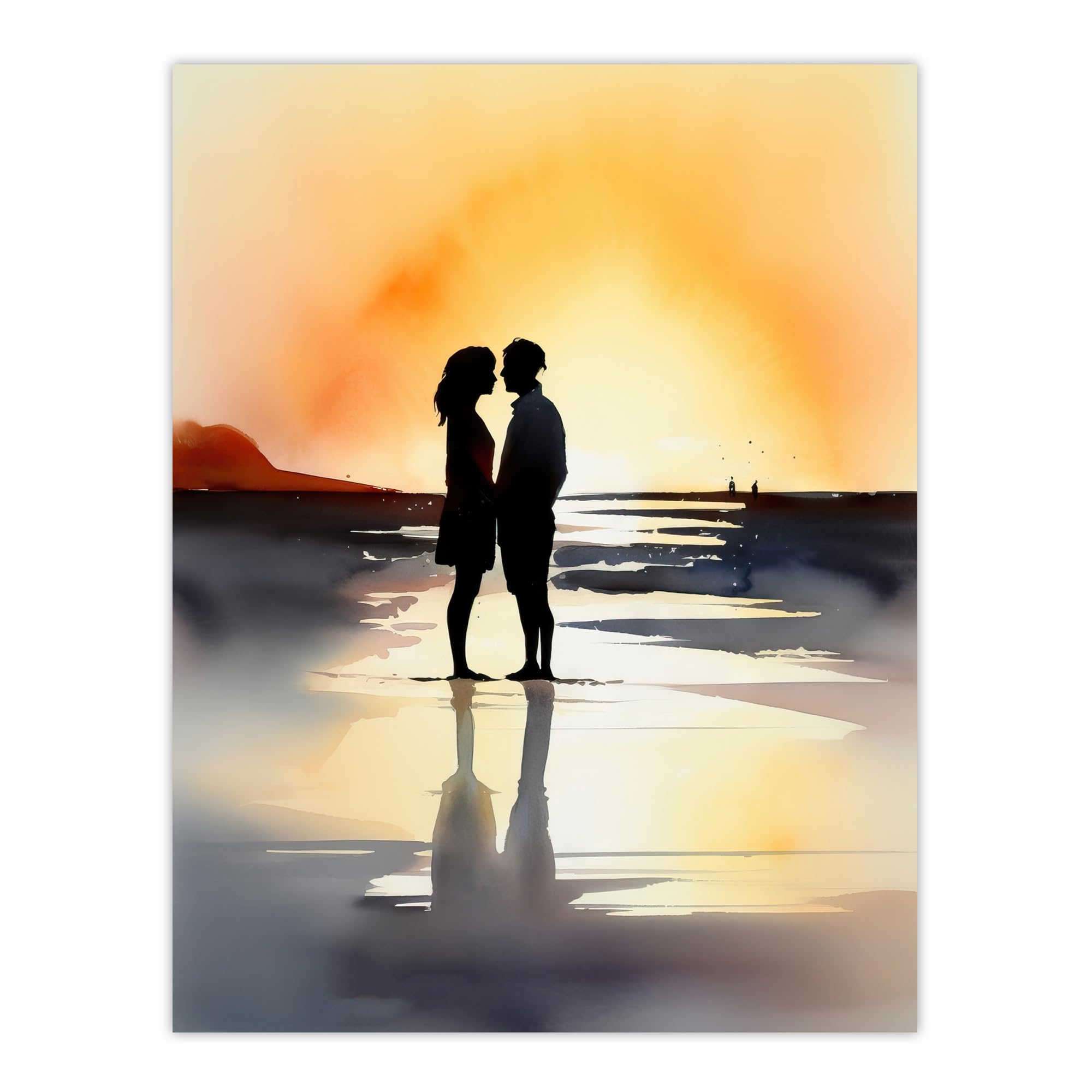 Artery8 Kisses At Dawn Watercolour Painting Couple Kissing At Dawn Orange Grey Romantic Moment Between Lovers At A Coastal Landscape Bedroom Art Extra Large XL Wall Art Poster Print