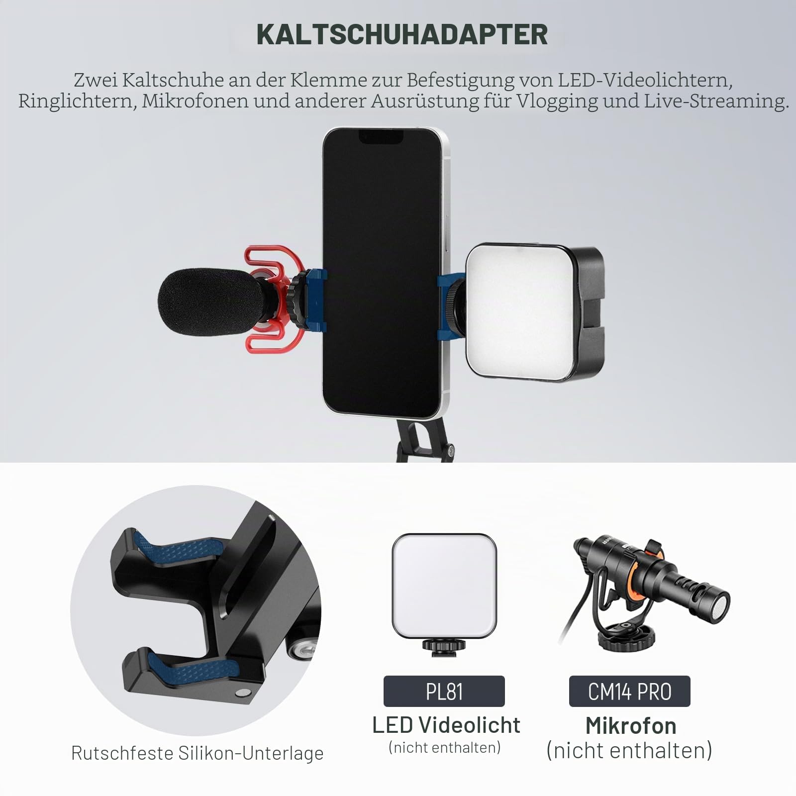 NEEWER Handyhalterung für Stativ mit Cold Shoes & 1/4" 3/8" Löcher, Alle Metall Multi-Winkel & Höhenverstellbar Dreifach Faltbar tragbare Smartphone Halterung mit 3 geteilten, Kompatibel iPhone, SP-04