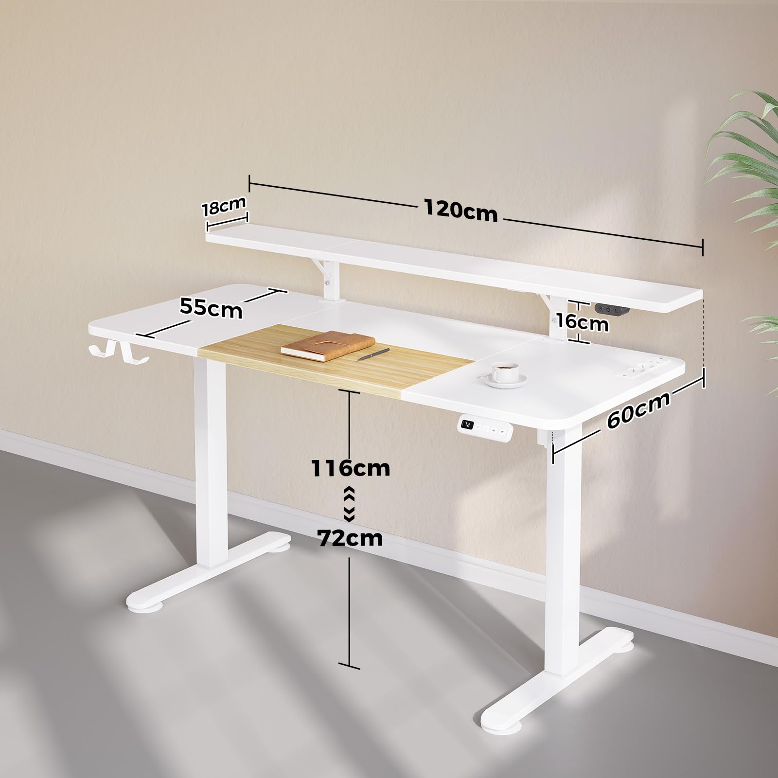 Rolanstar Bureau Assis Debout Électrique 120x60cm - Table Réglable LED USB Blanc Télétravail