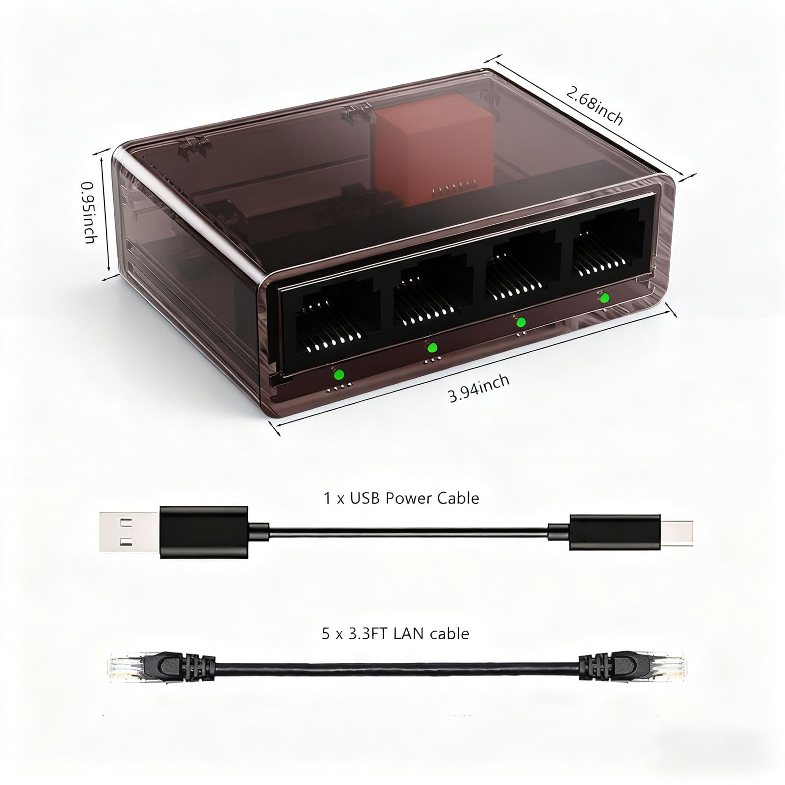 Ethernet-Splitter, 1 auf 4, Gigabit-Ethernet-Switch, 4 Ports, mit 5 LAN-Kabeln, Cat 6, RJ45, 1000 Mbps, Hochgeschwindigkeits-Internet-Kabel-Splitter, für Cat 5/5e/6/7/8 Kabel
