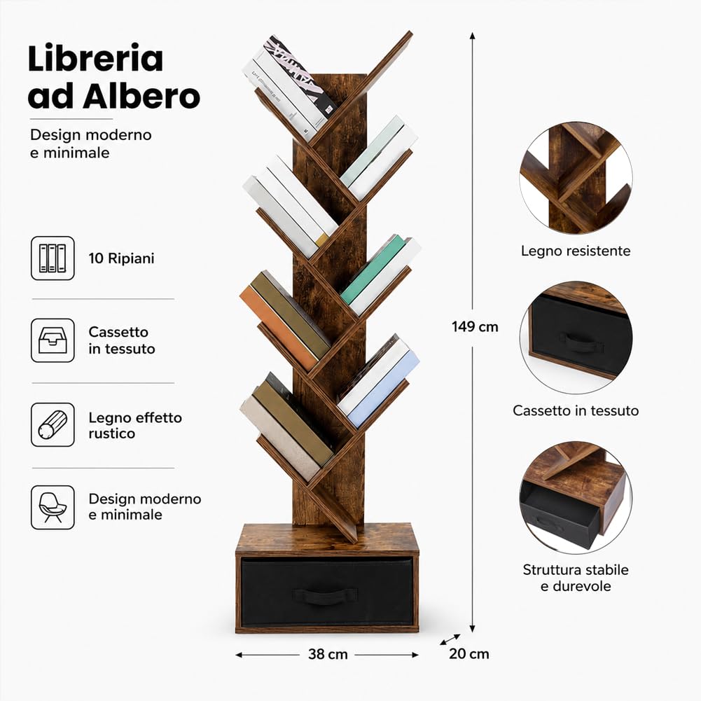 BAKAJI Libreria Scaffale 10 Ripiani Inclinati in Legno MDF con Cassetto in Tessuto, Scaffalatura con Design Moderno per Soggiorno, Salotto, Casa, Ufficio, Dimensione 149 x 38 x 20 cm