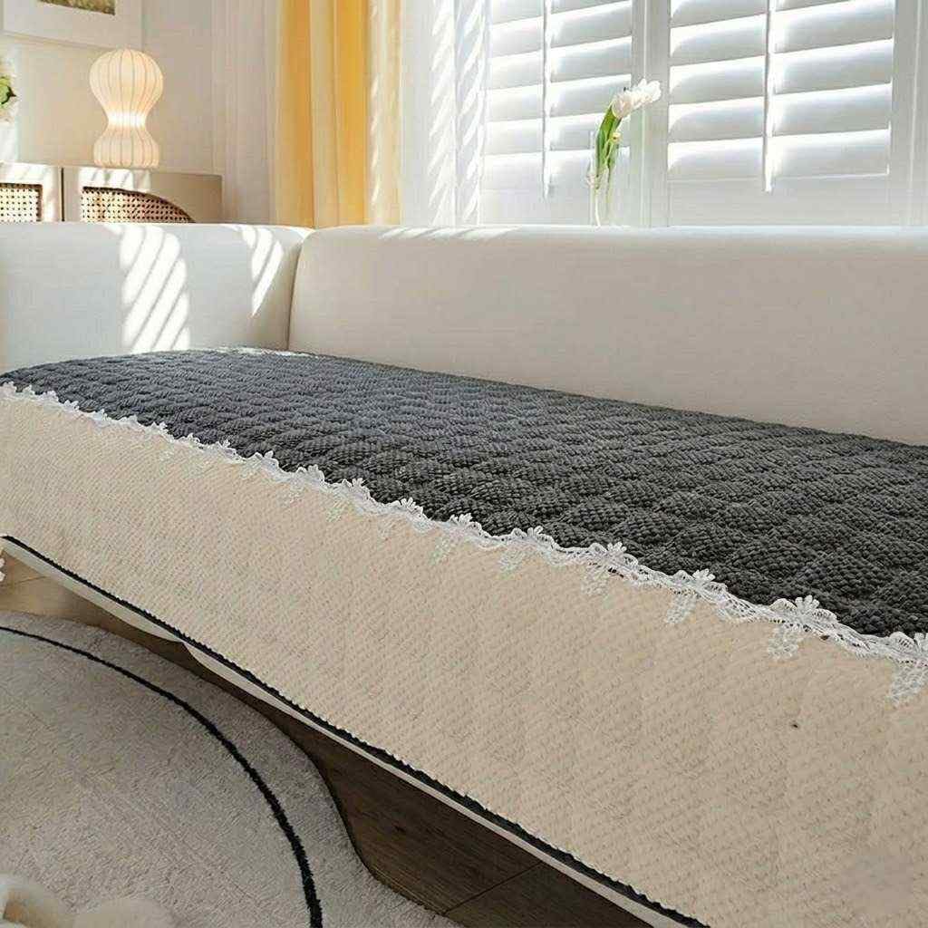 Styleys French Corduroy Lace Sofa Mat Cover – Anti-Slip Quilted Protector for 1/2/3/4 Seater & L-Shaped Sofas – Washable Furniture Throw for Living Room Décor - 70X240cm, Dark Grey, QYDXRSFD-1H-image-36