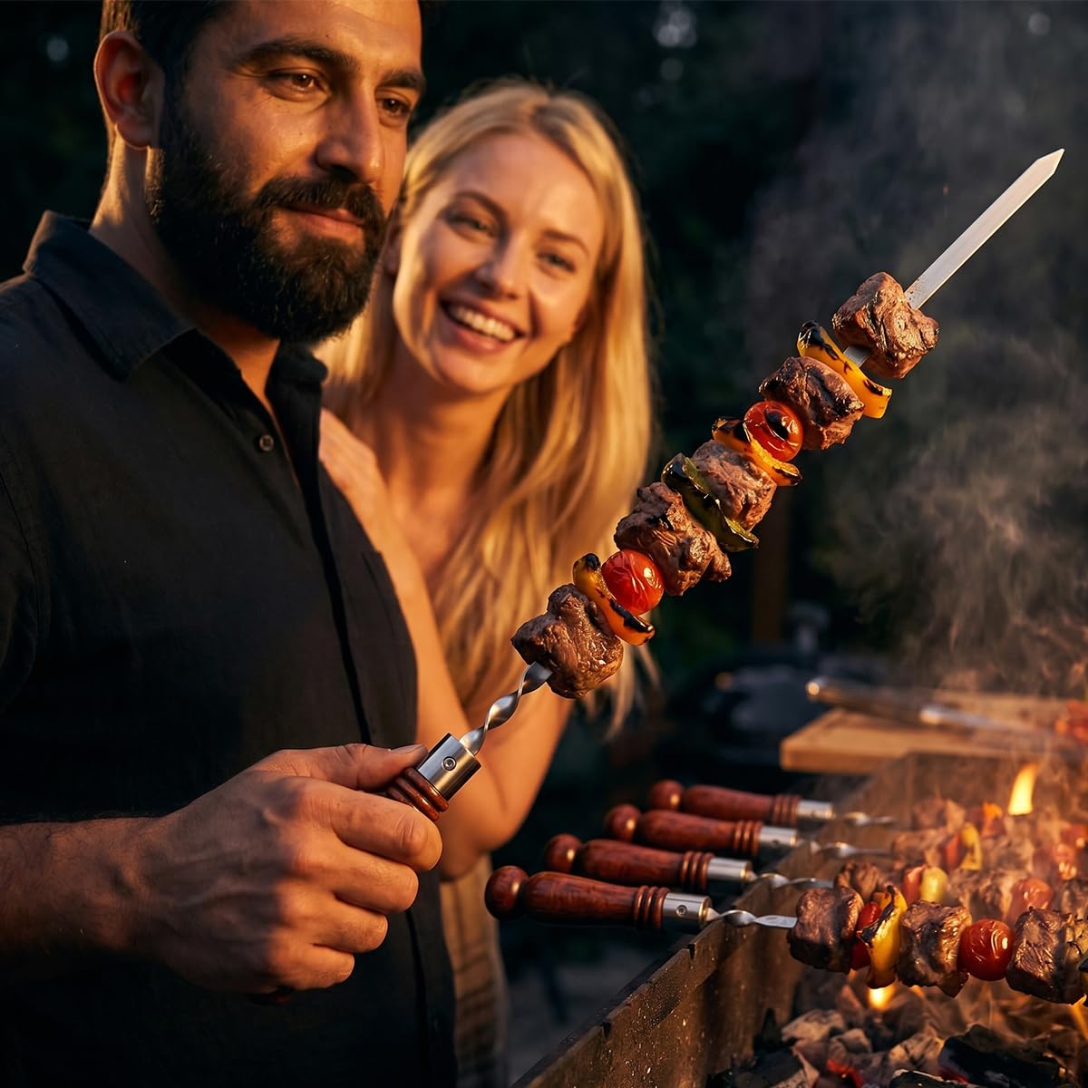 brochetas planas shashlik [cantidad a elegir] de acero inoxidable con mango de madera auténtica - para mangal, barbacoa & fuego de leña, hechas a mano 6 piezas