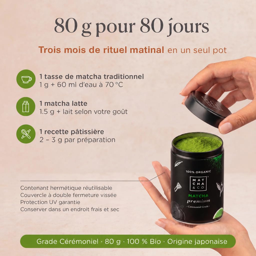 Matcha & CO | Thé Matcha Cérémoniel Biologique – Sans Pesticides – Qualité Supérieure – Poudre de Thé Vert Japonais – 80 g