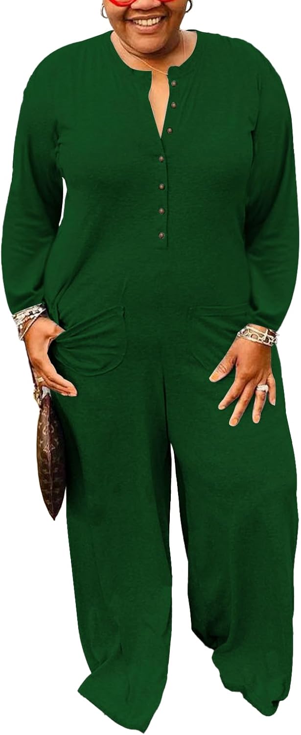 YeGine Plus Size Women Long Sleeve Loose Jumpsuit Casual Rompers One Piece Button Up Wide Leg Jumpsuits