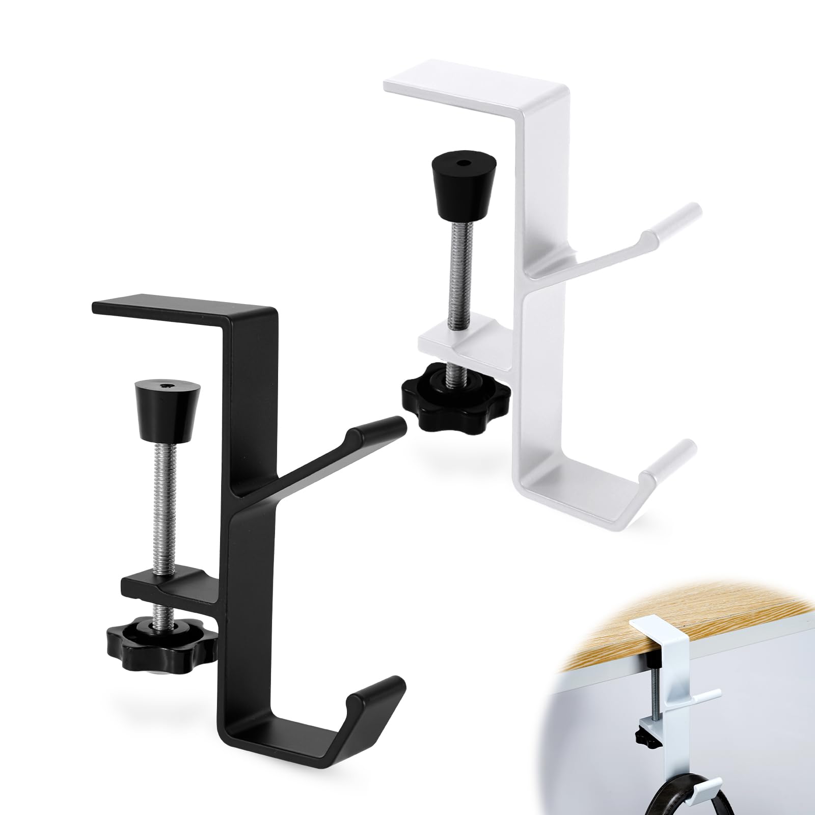 NQEUEPN 2pcs Desk Handbag Hanger, Metal Mount Purse Holder Hook Adjustable Table Bag Clamp Branch Shaped Desk Mount Backpack Headphones Hook, Keeping Tidy and Clean (White, Black)