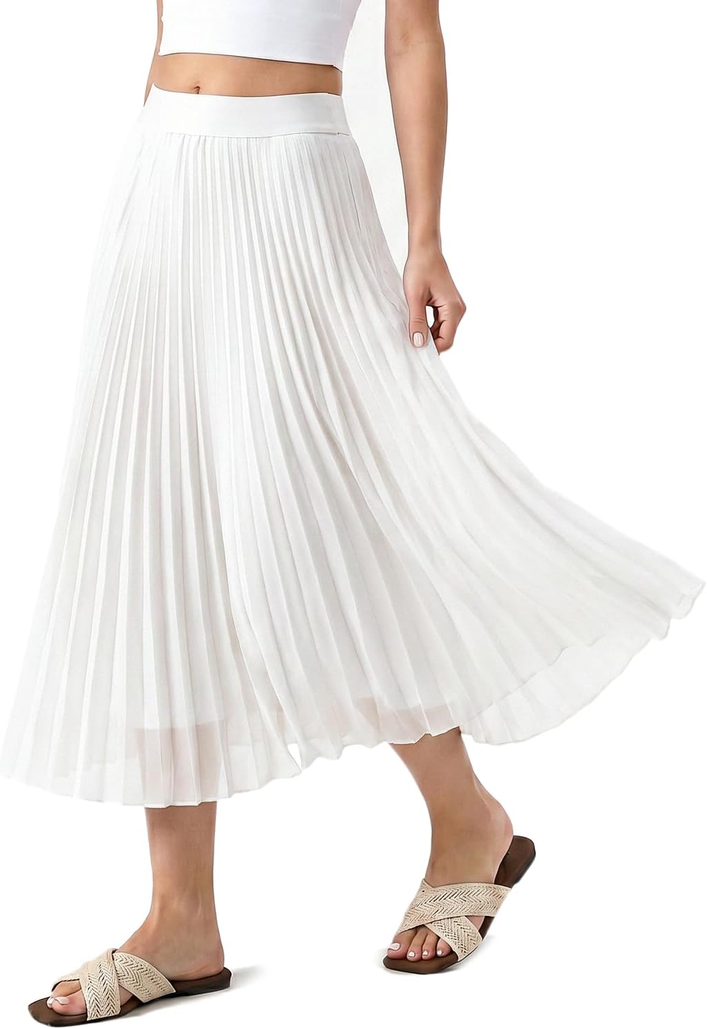 QINSEN Women's Elegant Flowy Pleated Chiffon Skirts Summer A-line Swing Midi Skirts Casual Elastic Waist Soft Linging