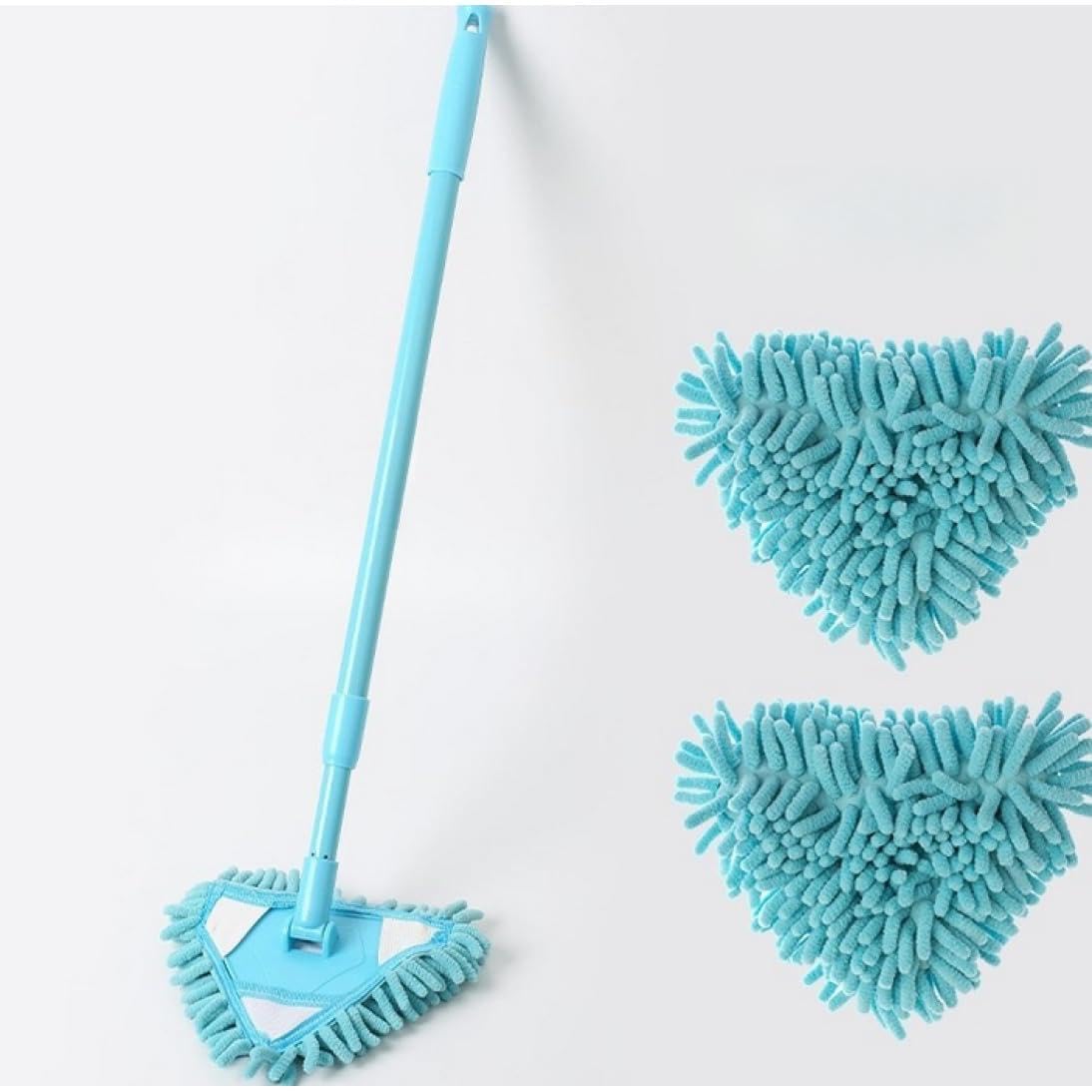 180 Degree Rotatable Triangle Cleaning Mop Adjustable Extendable Dust Duster with 2 Mop Heads for Bathtub Toilet Glass Blue Rotatable Triangle Cleaning Mops for Floors Adjustable Triangl