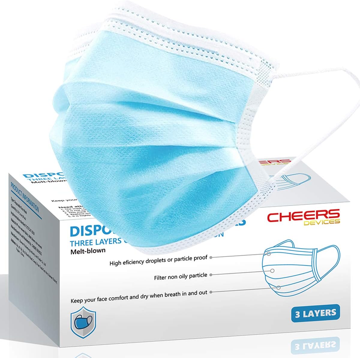 Face Masks, Disposable Face Masks, Breathable Face Mask, 3-Layer Masks 50 Pack Blue