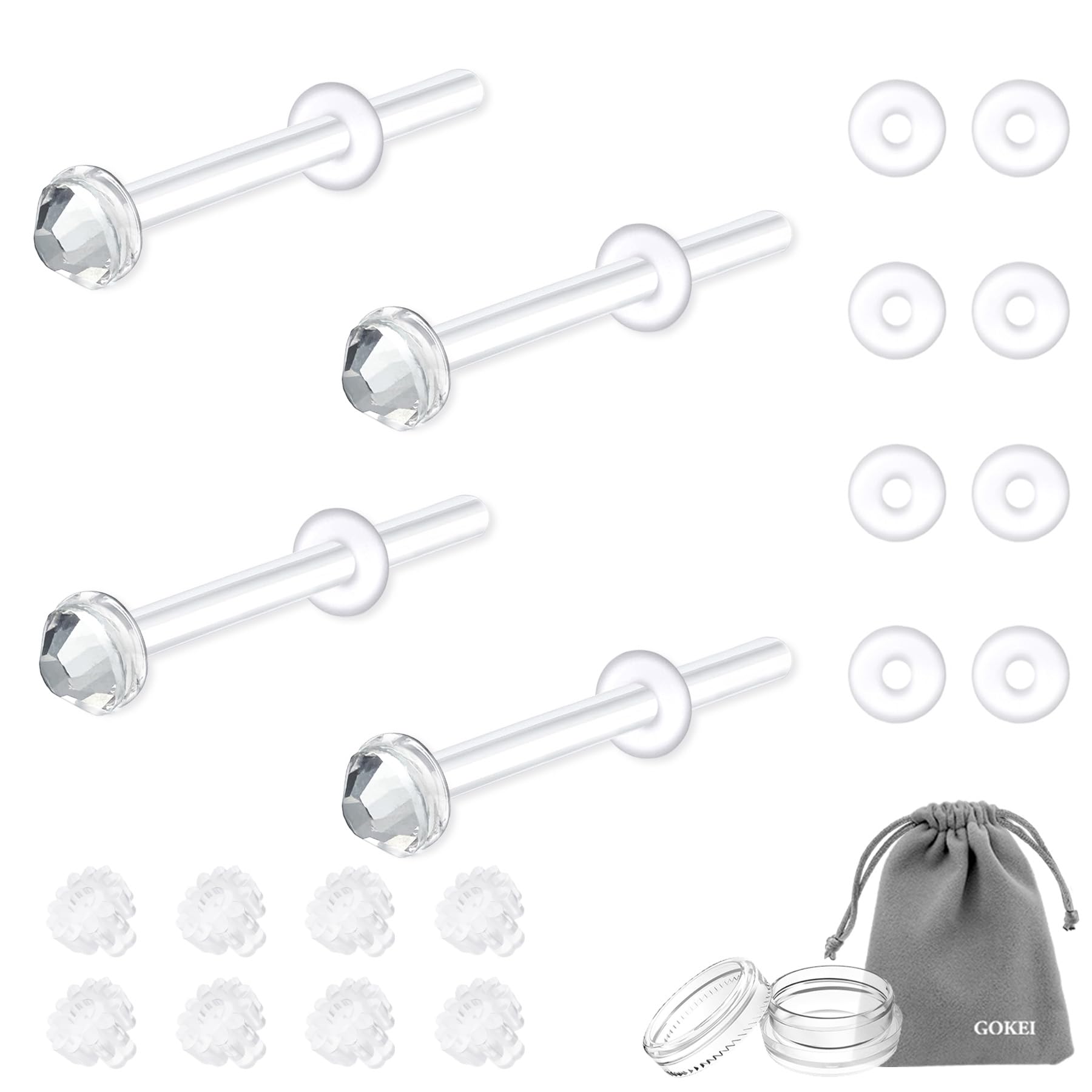 [GOKEI] ガラスピアス 透明ピアス 強化ガラス ピアス レディース 【4本ピアス+16個キャッチ】 14G 16G 18G 20G 金属アレルギー対応 軟骨ピアス ボディピアス つけっぱなし ガラス ピアッサー 透明 肌になじむ 軟骨 へそピアス キャッチ 両耳用