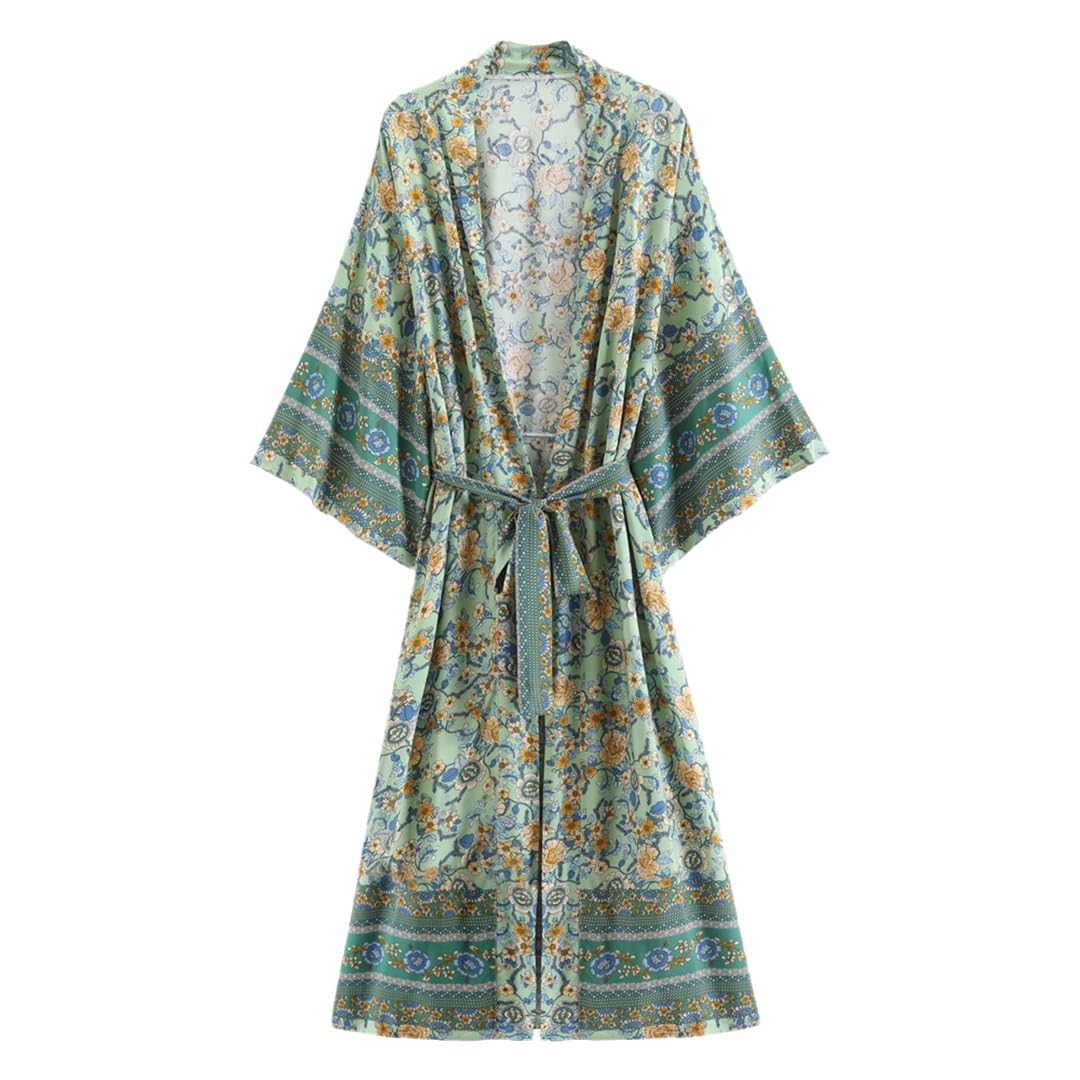 Robe kimono vintage EN8 à imprimé floral bohème pour femme