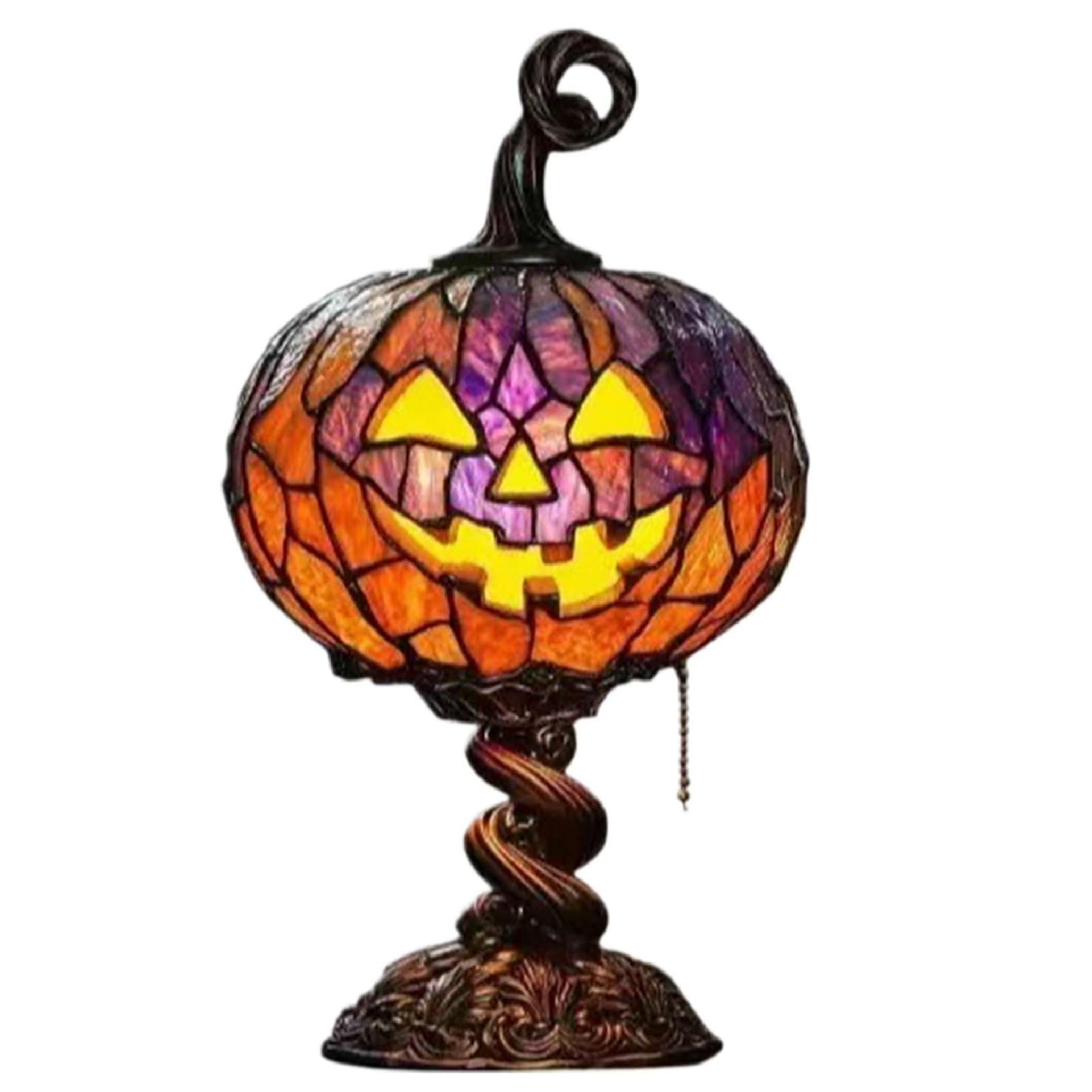 Stained Glass Halloween Pumpkin Table Lamp, Vintage USB Table Night Light