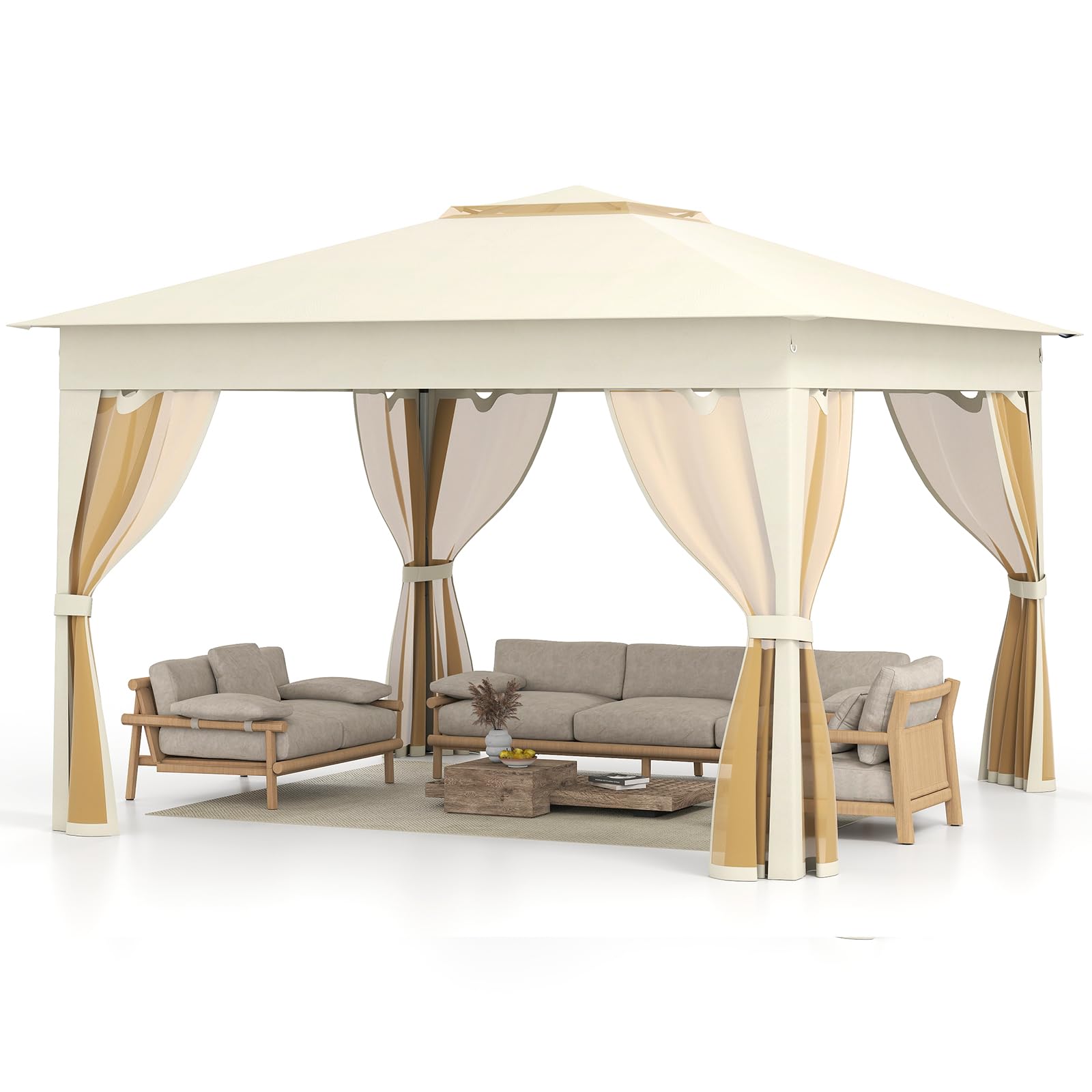RELAX4LIFE Tonnelle Pliante 3x3 avec Moustiquaires, Toit Ventilé Argenté, Protection Solaire, Sac Inclus, Beige