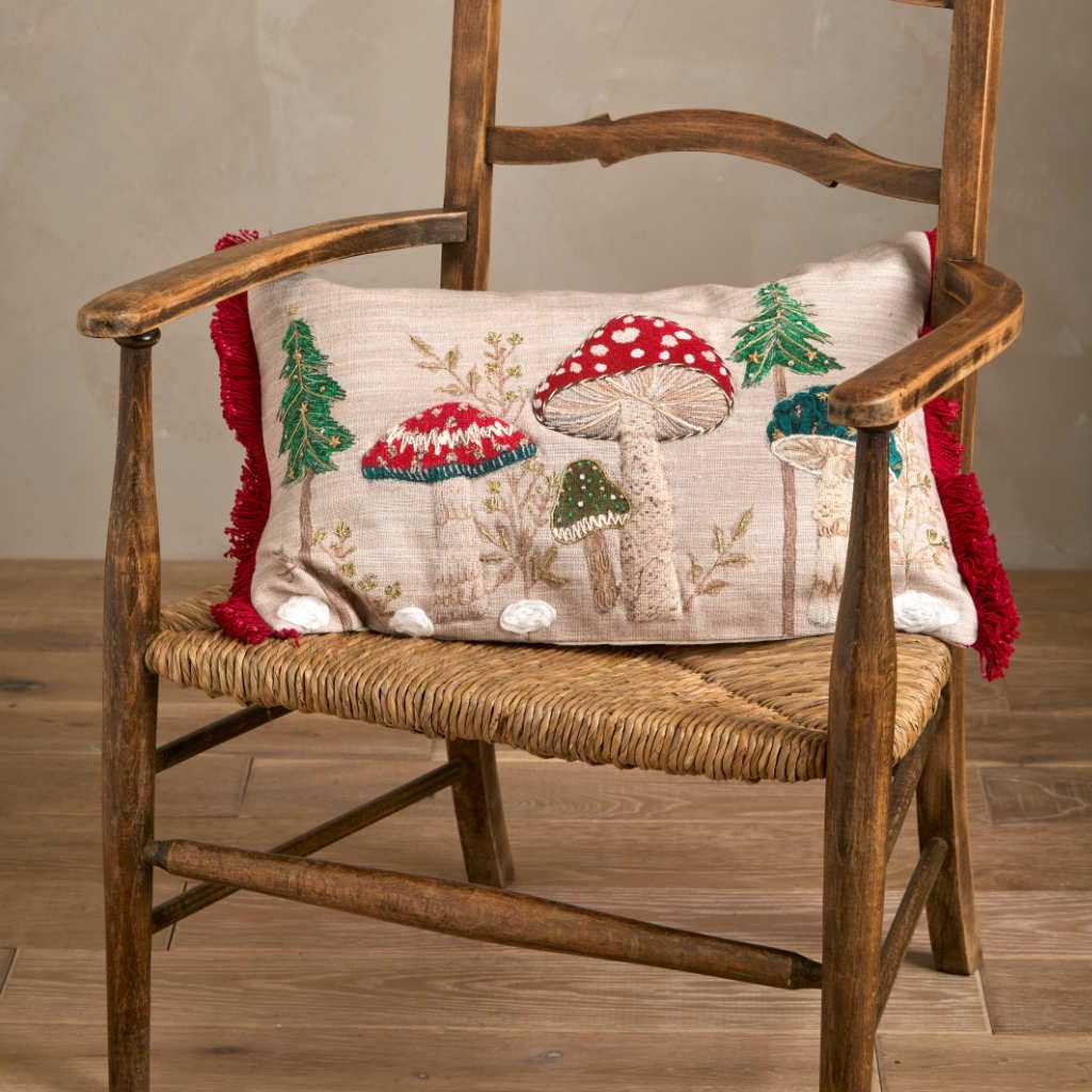 Walton & Co Natural Forest Toadstool Embroidered Filled Cushion 30Cm X 50Cm