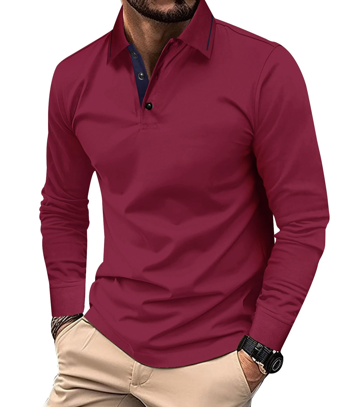 Comilaka Uomo Polo Casual Manica Lunga Poloshirt Top Golf Maglietta Cotone Colori a Contrasto Autunno Inverno Classico