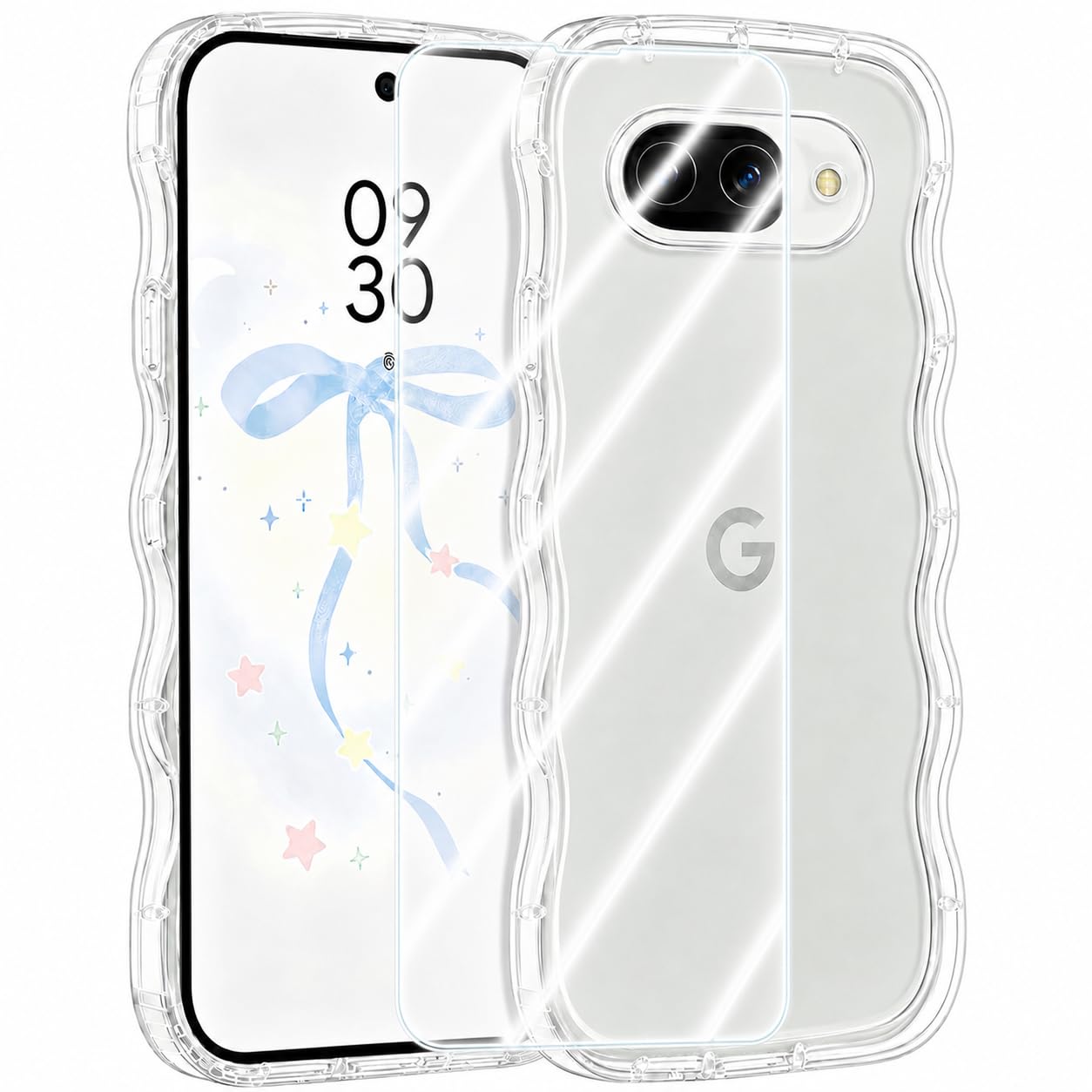 Luoiwei【1+1枚セット】対応 Google Pixel 10a 用 ケース+ガラスフィルム グーグル ピクセル 10A 用 カバー クリア韓国 TPU ウェーブ おしゃれ 可愛い 人気 シンプル 滑り止め 薄型 軽量 衝撃吸収 ーピクセル10a ガラスフィルム 高透過率 硬度9H 気泡ゼロ 自动吸着 飛散防止