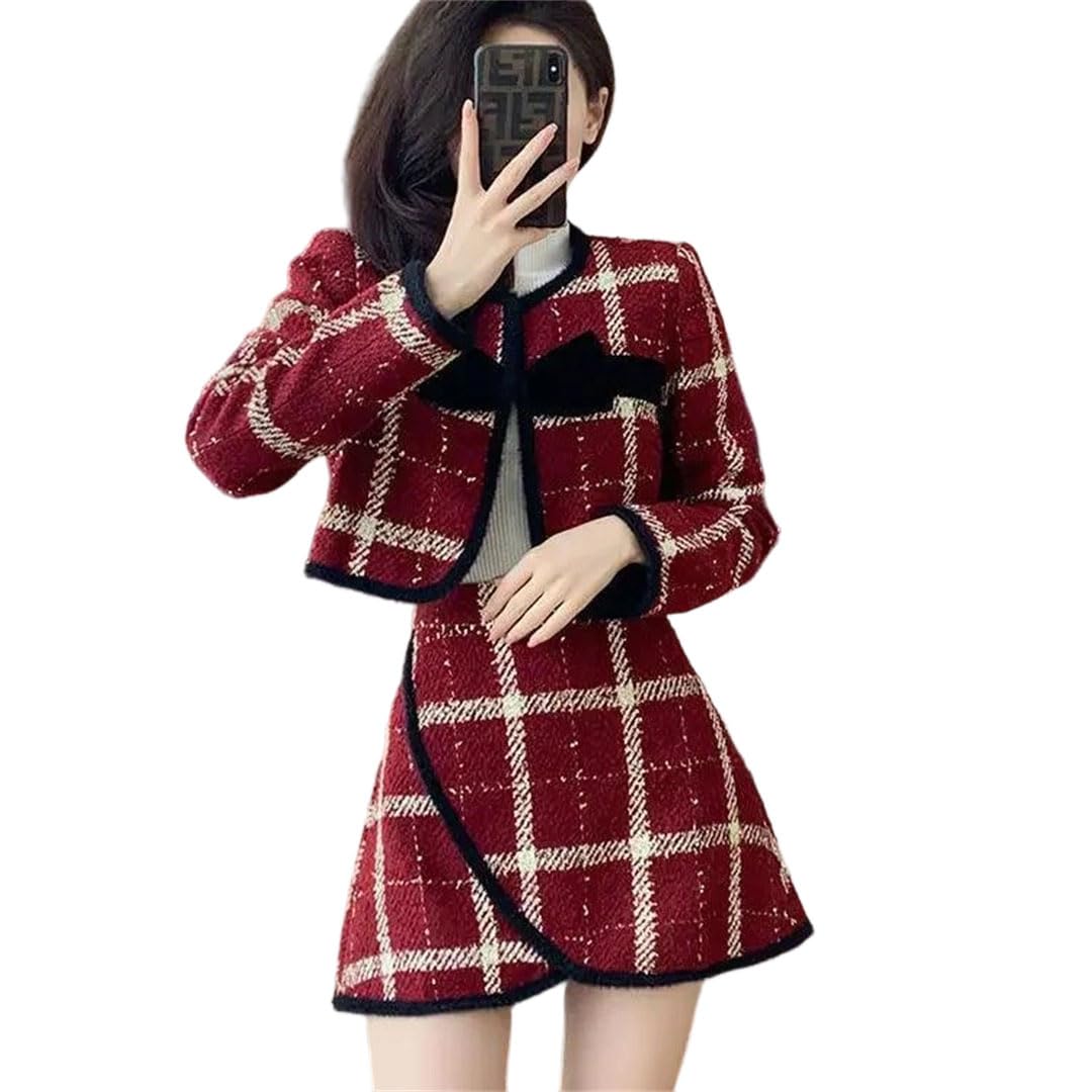 Women Formal Plaid Coat Skirt Suits Long Sleeve Loose Plaid Skirt Two-Piece Set