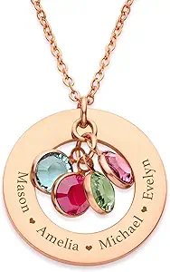 Custom Birthstone Necklace Personalized Necklaces with 1-6 Engraved Names & Birthstones for Mom Grandma Women Custom Family Jewelry Gifts for Christmas Birthday Mother's Day