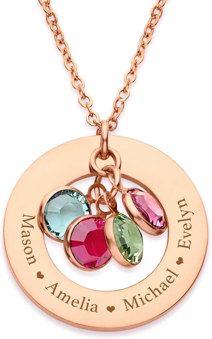 Custom Birthstone Necklace Personalized Necklaces with 1-6 Engraved Names & Birthstones for Mom Grandma Women Custom Family Jewelry Gifts for Christmas Birthday Mother's Day
