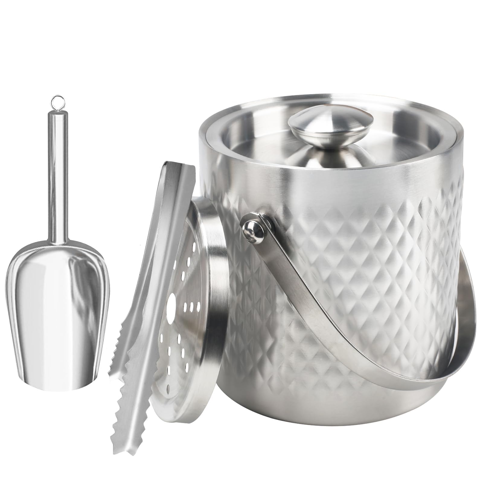 Zythrem 2L Secchiello Ghiaccio in Acciaio Inox, con Coperchio in Silicone, Pinze e Pala, Secchiello Ghiaccio Vino Acciaio Inox a Doppia Parete Isolante, per Cocktail Bar, Feste, Mantiene Il Ghiaccio