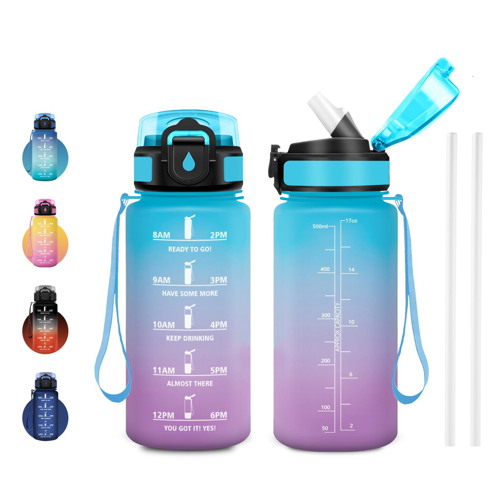 500ml Sports Water Bottle with Straw BPA Free Motivation Water Bottle with Time Marker for Sports, Hiking, Outdoor, Fitness - 1
