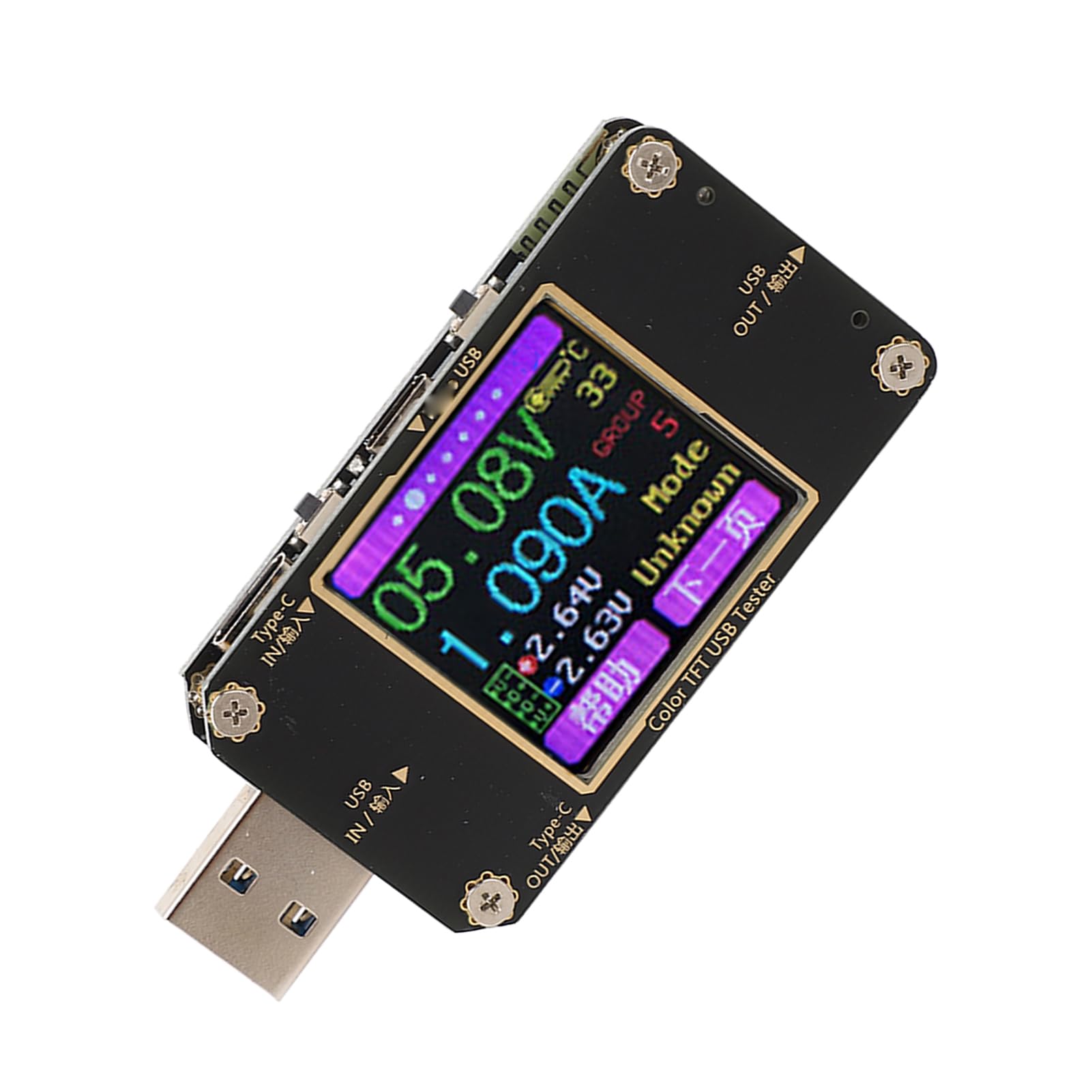 Cyfrowy woltomierz USB, amperomierz i tester napięcia i prądu z kolorowym wyświetlaczem LCD o przekątnej 1,44 cala, interfejs typu C zgodny z protokołami szybkiego ładowania PD QC