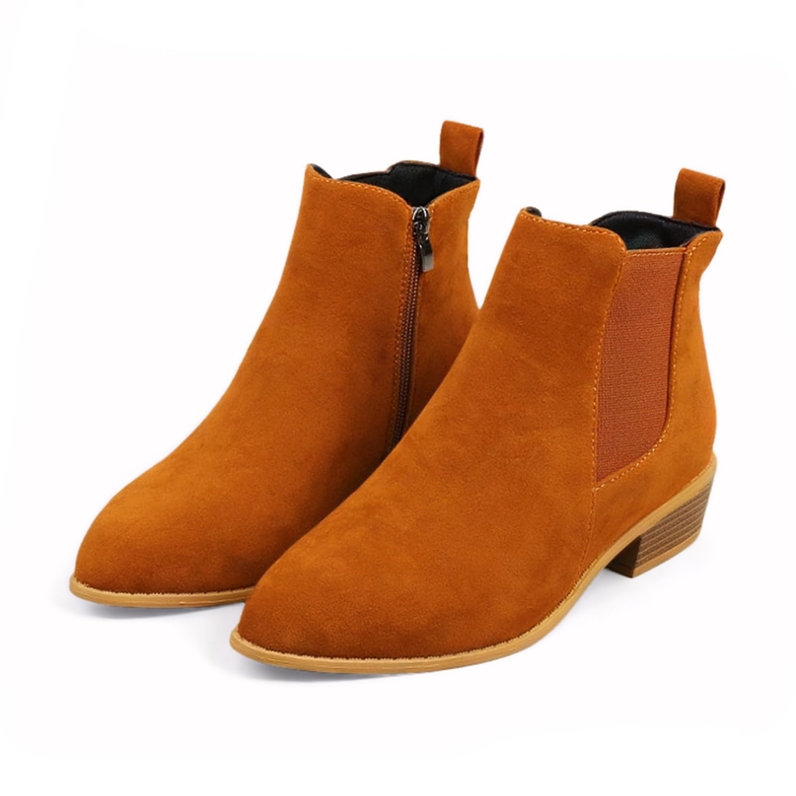 Womens Suede Elastic Panels Stacked Low Block Heel Ankle Boots with Side Zipper Pointed Toe Comfort Retro Casual