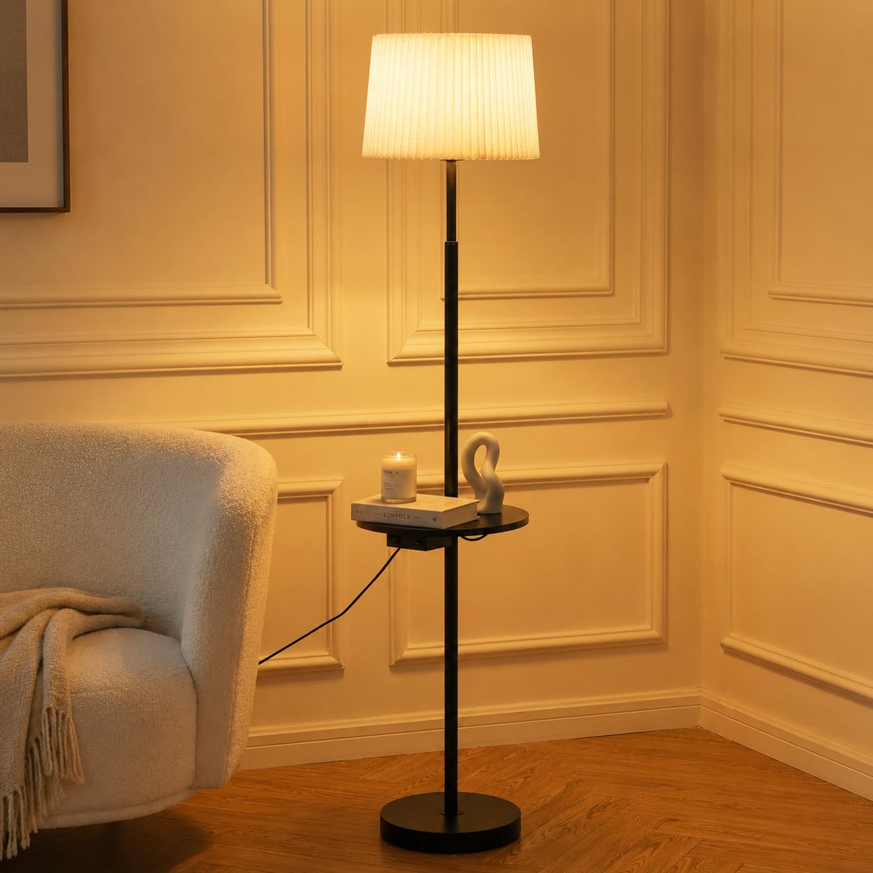 Floor Lamp for Living Room with Table, Modern Standing Lamp with Shelves & USB Charging Port, 9W 3 Colour Temperature Bulb, Solid Wood Tray Table, Bedside Reading Lamp with Side Table for Bedroom