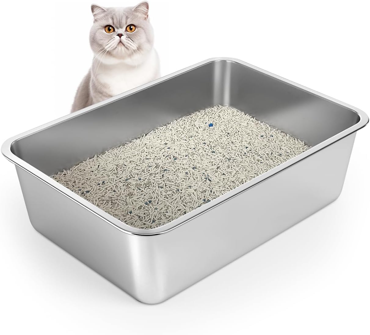 WENBOKMIN Stainless Steel Cat Litter Box, 6in Cat Litter Pan for Cats and Rabbits, Metal Litter Box High Sides Nonstick Odor Control Anti-Corrosion