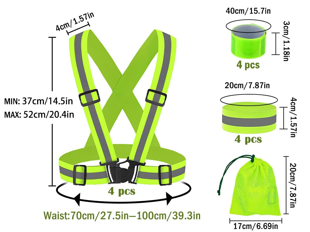 4PCS Chalecos Reflectantes Seguridad, Chaleco Reflectante para Bicicleta, Chaleco Bandas Reflectantes, Reflectantes Ajustable Ligero Chaleco, para Ciclismo, Trotar, Correr, Senderismo(Amarillo)