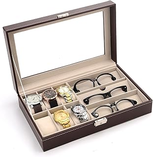 Espositore per occhiali Cuoio 6 scatola di orologi custodia per gioielli e custodia per occhiali da vista a 3 pezzi e custodia per occhiali da sole Multi occhiali da sole organizzatore per le donne Po