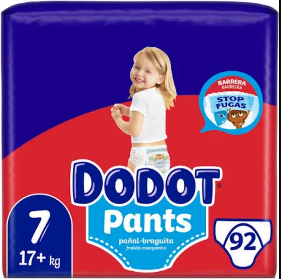 Dodot Bebé Pants Pañales, Talla 7, +17 kg, 92 Pañales, Pañal-Braguita con Ajuste 360° Anti-Fugas, Pack Mensual