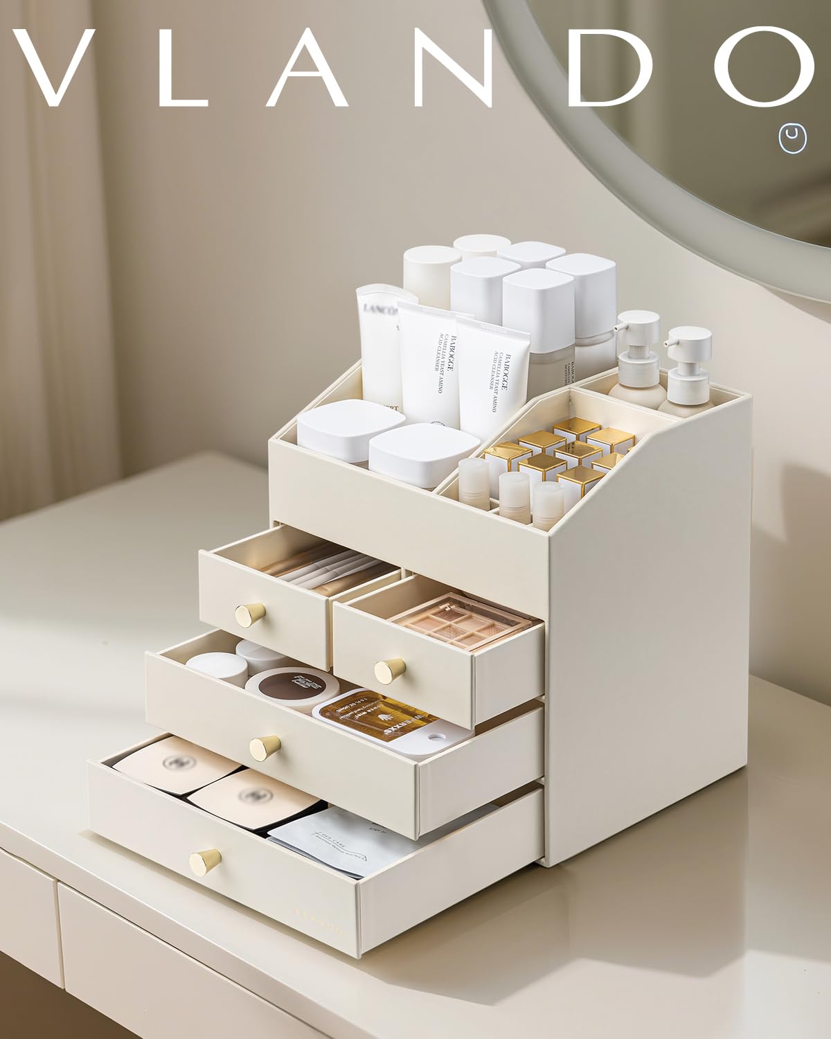 VLANDO Make up Organizer mit 4 Schubladen, Kosmetik Organizer für Badezimmer, Beige