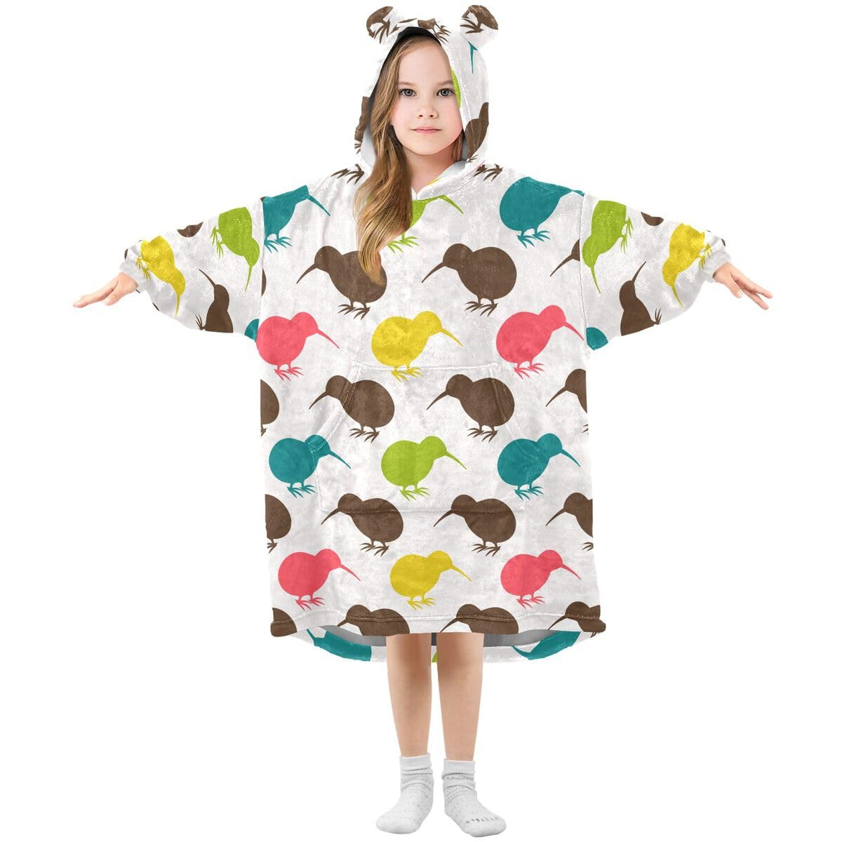 Ptaki kiwi kolorowy dziecięcy koc do noszenia bluza z kapturem oversize bluza koc sweter uroczy dla chłopców i dziewcząt w wieku 3-14 lat