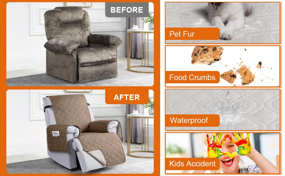 Image of VANSOFY 100% Waterproof Recliner Chair Covers, Recliner Cover Non-Slip Dog Chair Cover Furniture Protector Washable Slipcover with Pocket, Elastic Straps for Pets, Dogs(Light Brown, 28 inch)