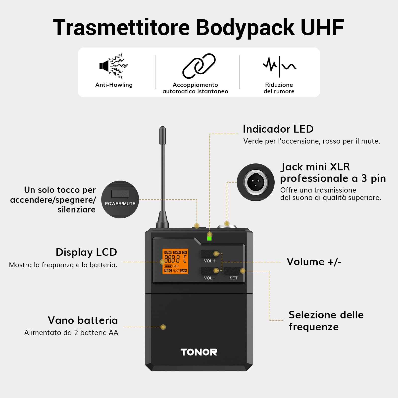 TONOR Sistema microfonico wireless UHF, Microfono palmare/Microfono archetto/Lavalier Microphone, Trasmettitore Bodypack, Ricevitore Metallo 4x5 frequenze, 90M per Chiesa Karaoke Canto, 4 canali