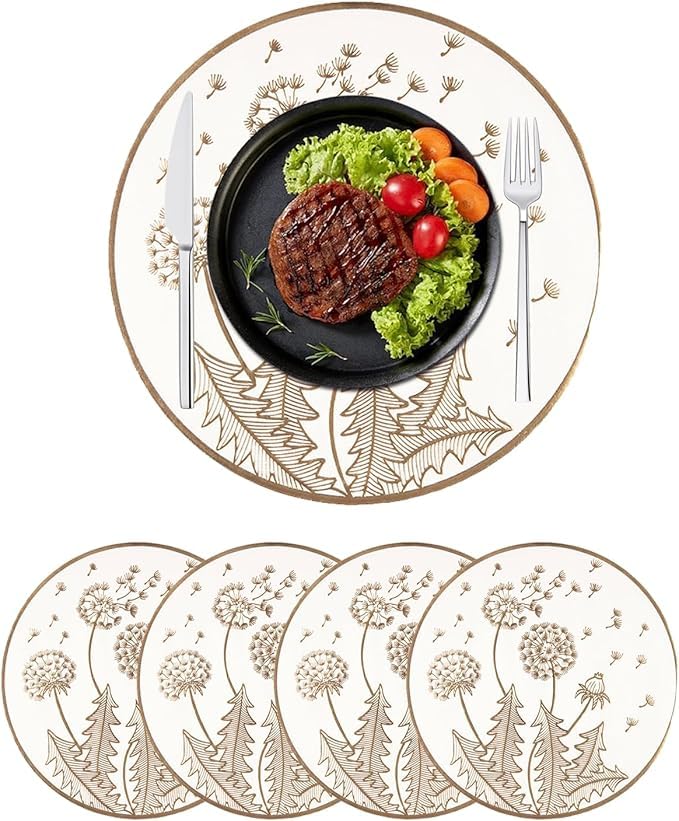 Image of Dakshya Industries Dining Table Mats Round PVC Set | 6 Waterproof Placemats (38 x 38 cm) + 1 Table Runner (91 x 33 cm) | Heat Resistant, Kitchen Decor (Silvora)