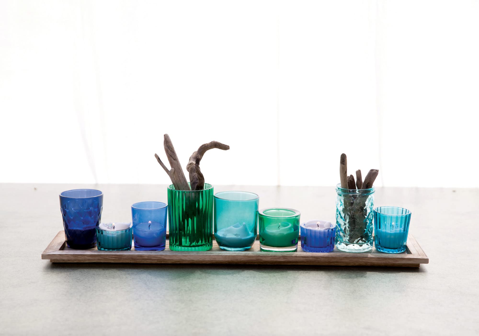 Creative Co-Op Natural Wood Tray with 9 Unique Glass Votive Candle Holders, Blues