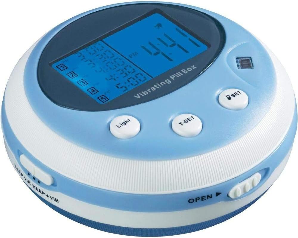 Professional vibrating pill box with beep and vibration alarm, medication box, pill box, alarm clock, clock (5 alarm times/day), pill box, tablet box, tablets intake reminder.