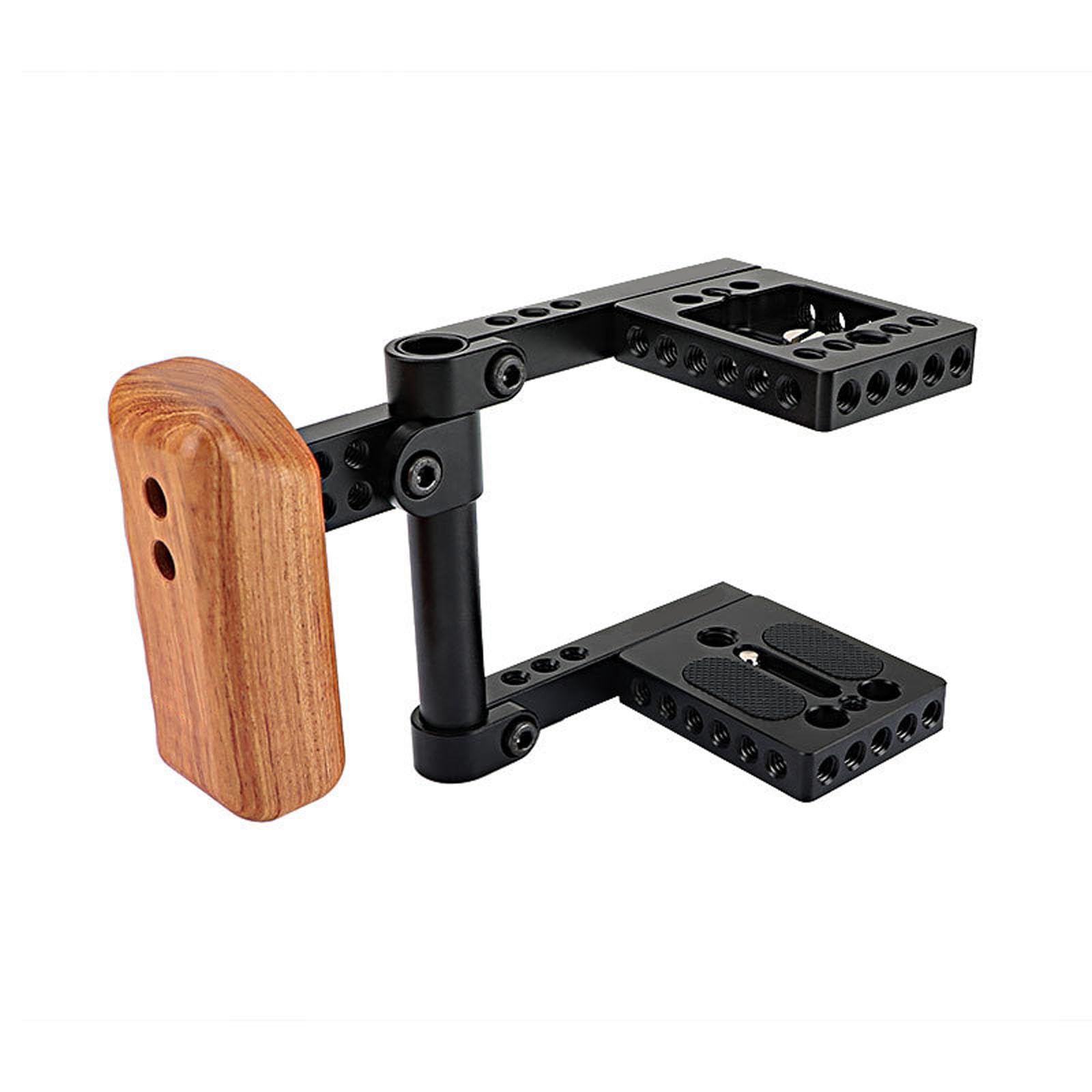 Jaula DSLR con mango de madera y roscas estándar de 1/4 pulgadas que permiten una expansión de accesorios de agarre seguro y sin herramientas, agarre de madera
