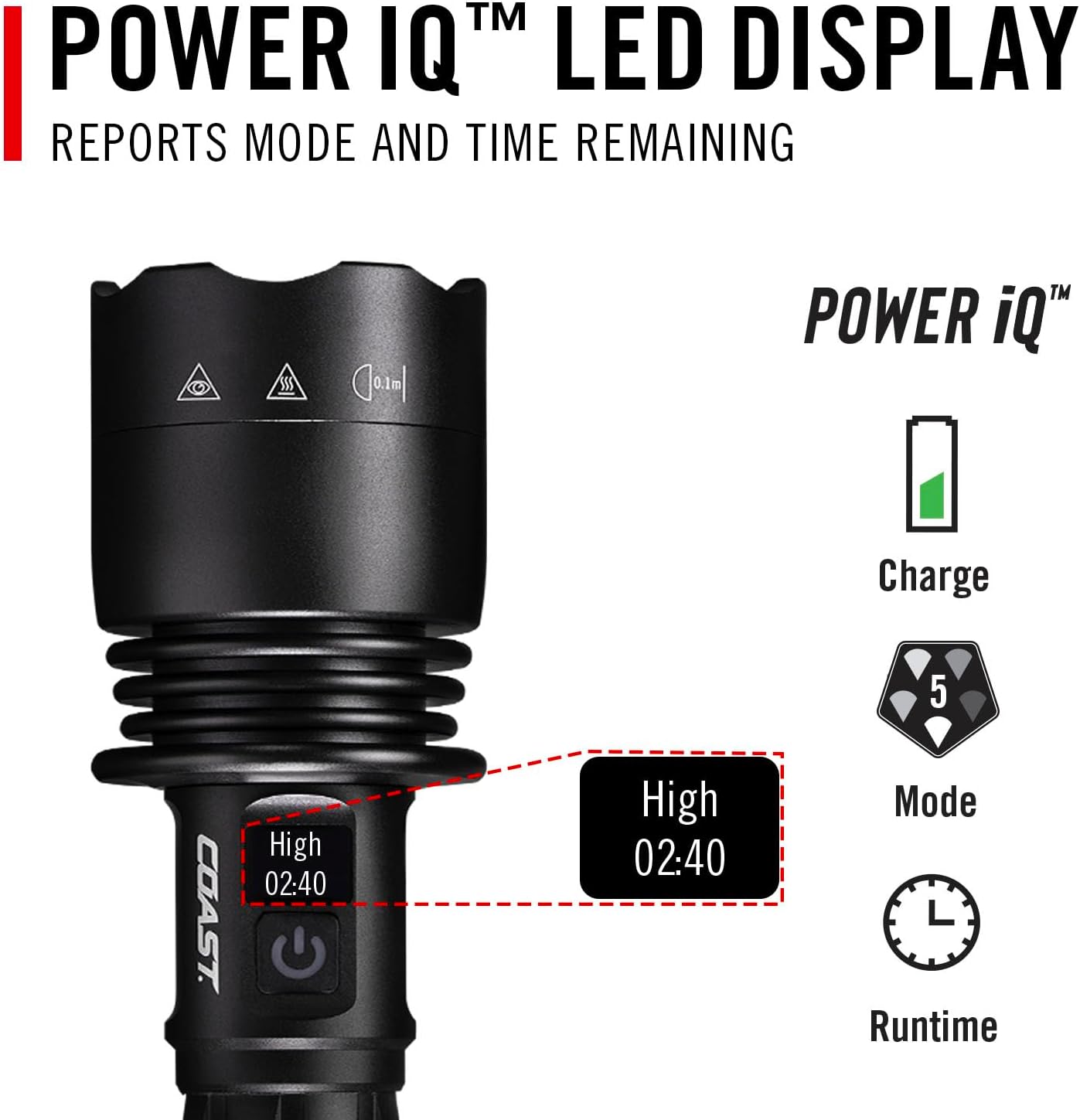 Coast XP40R 8000 Lumen Rechargeable Dual-Power LED Flashlight with POWERiQ™ Real-TIME Display, 5 Light Modes, Ultra View Flood Beam, Push/Pull Focus