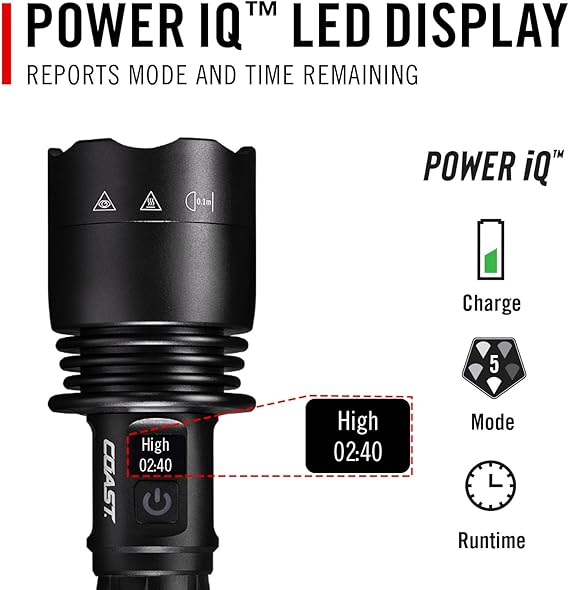 Coast XP40R 8000 Lumen Rechargeable Dual-Power LED Flashlight with POWERiQTM Real-TIME Display, 5 Light Modes, Ultra View Flood Beam, Push/Pull Focus