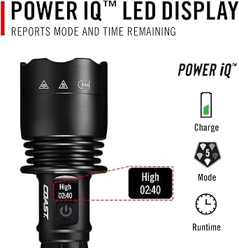 Coast XP40R 8000 Lumen Rechargeable Dual-Power LED Flashlight with POWERiQTM Real-TIME Display, 5 Light Modes, Ultra View Flood Beam, Push/Pull Focus