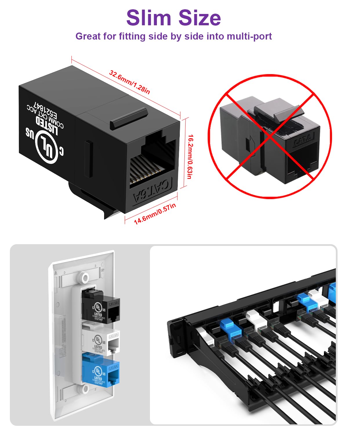 VCE UL Listed CAT 6A Keystone Coupler, UTP RJ45 Keystone Jack Female to Female, Ethernet Coupler for CAT6A/CAT6/CAT5E, Black, 25-Pack