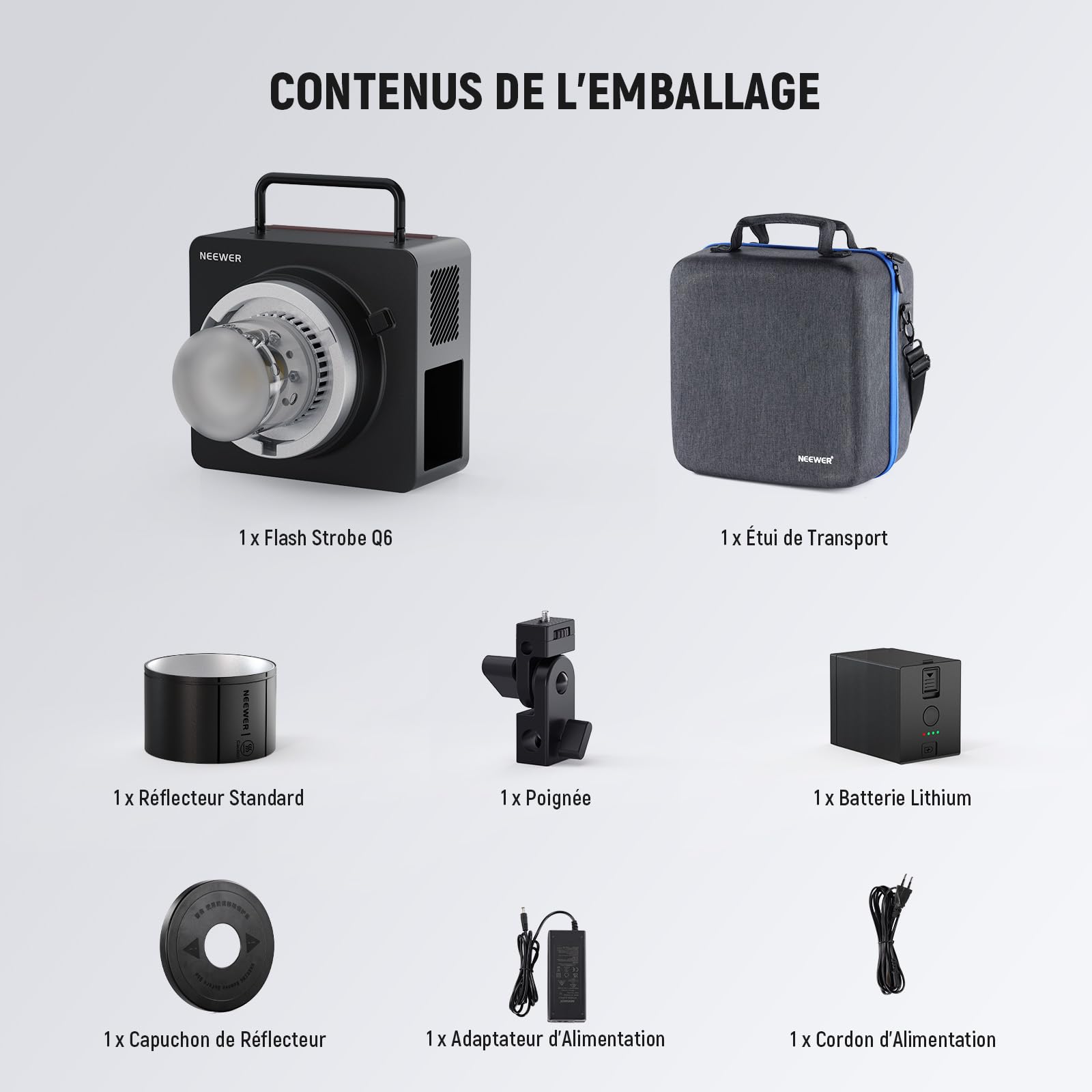 NEEWER Q6 600Ws 2,4GHz TTL Flash Studio extérieur avec app contrôle,Compatible avec Godox,Vitesses d'obturation 1/1 à 1/512,1/8000 HSS,Lampe Pilote LED Bicolore 30W,Temps Recharge de 0,01 à 0,9s