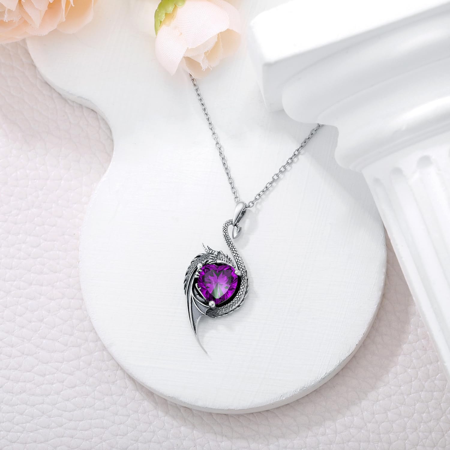 Dragon Necklace for Women 925 Sterling Silver Dragon with Heart Cut Birthstone Pendant Necklace for Gifts - Image 3
