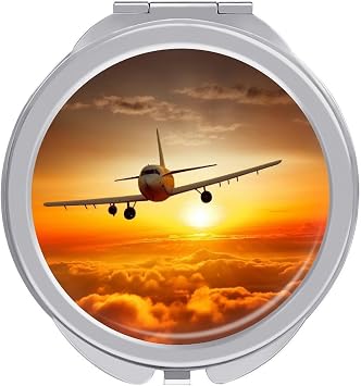 Travel Makeup Mirror Double-Sided Portable Compact Mirrors for Purses Cute and Individualized Small Aircraft Plane at Sunset Printed Vanity Mirror