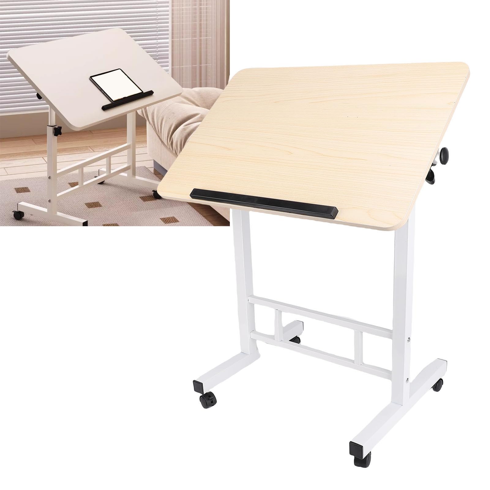 Scrivania Mobile con Rotelle, Tavolo per Laptop in Metallo MDF con Ruote, Altezza Regolabile da 23,62 a 31,50 Pollici, Rotelle Bloccabili, Postazione di Lavoro Pieghevole per la Camera da (#1)